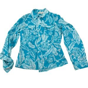 Jones‎ New York Sport Womens Teal White Tropical Leaf Button Down Shirt Size S